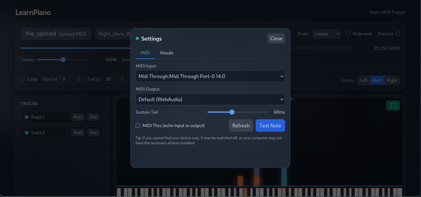 Settings panel